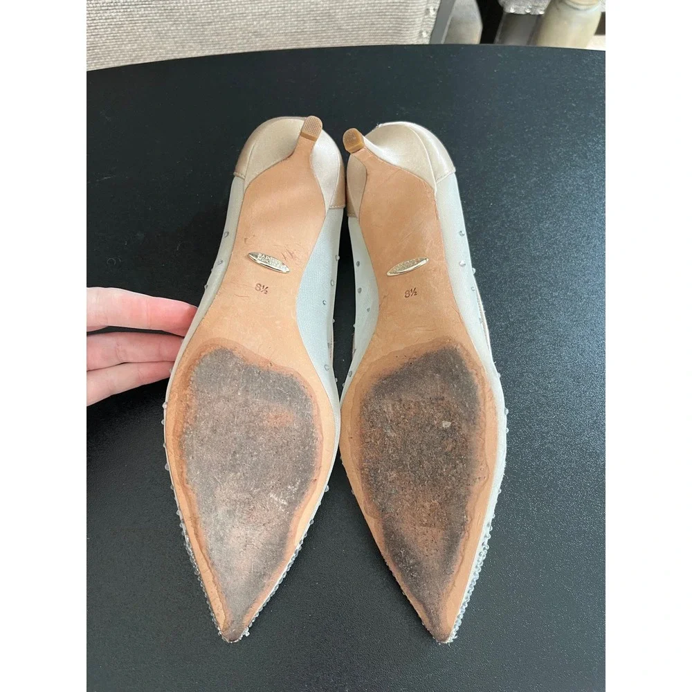 Badgley Mischka Women Ivory Satin Mesh Rhinestone Kitten Heel Pumps Size 8.5